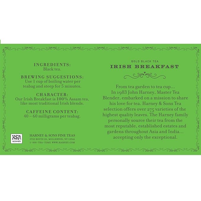 Harney & Sons Irish Breakfast Tea, 50 Tea Bags, Caffeinated, Bold and Flavorful Assam Tea