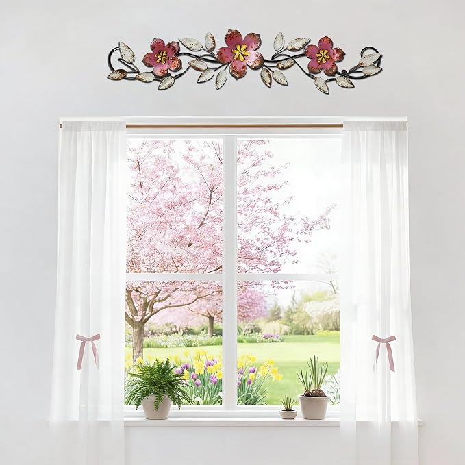 Wesiti Metal Flower Wall Decor Vintage Metal Flower Wrought Iron Scroll Sculpture 15.7''x3.7'' Not 3D, Flat Farmhouse Leaf Wall Decor with Nails for Summer Bedroom Kitchen Indoor Outdoor(Pink)