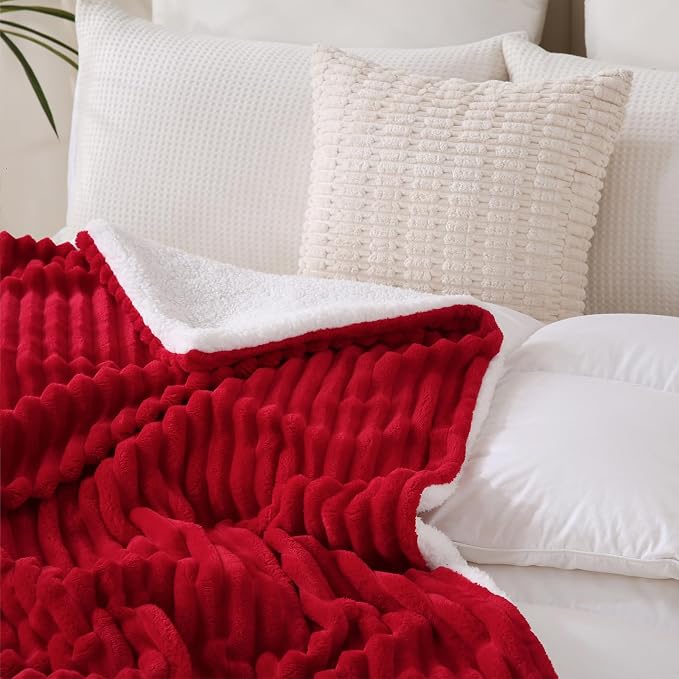 Red Sherpa Fleece Throw Blanket 50”×60” for Couch Sofa Bed | Double Side Soft Fuzzy Cozy Plush Thick Flannel Blanket with Striped Design Gift for Adults,Woman