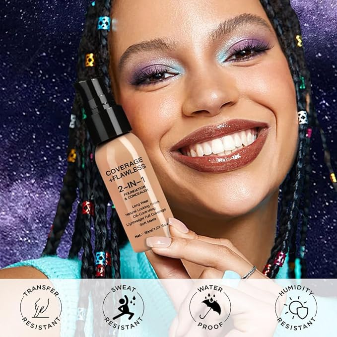 2 in 1 Foundation Concealer, Lightweight Creamy Long Lasting Face Makeup for Combination Oily Skin, Conceals Dark Circles Under Eyes Dark Spots and Blemishes, Vegan Cruelty-Free, Medium Tan