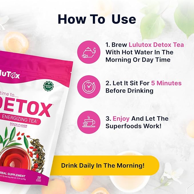 LULUTOX Detox Tea - Herbal Blend with Dandelion, Ginseng, and Ginger - Supports A Healthy Weight, Digestive Health - Vegan, All Natural, Laxative-Free - Peach Flavor (3 Pack x 28 Servings)