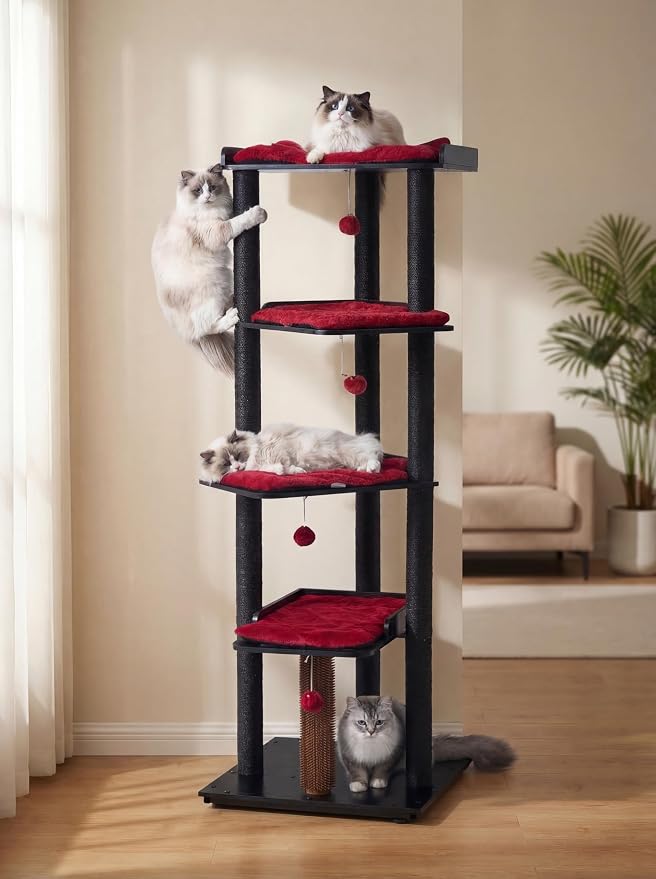 FourFurPets Heavy Duty Cat Tree, 67.7" Cat Tree for Indoor Cats Large Adult, Modern Cat Tower for Large Cats, Cat Tower with Scratching Post, Large Perch and Removable Pads,Black & Red