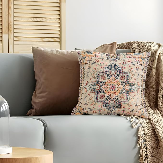 Boho Throw Pillow Covers 16x16 inch Set of 2,Boho Vintage Carpet Pattern Antique Ethnic Decor Double Sided Pattern Cushion Cover Soft Pillow Case Living Sofa Room Bed Square Pillow Cover