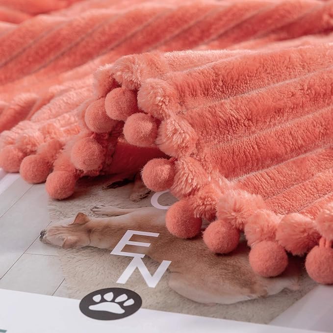 DISSA Fleece Blanket Queen Size – 90x90, Coral - Soft, Plush, Fluffy, Fuzzy, Warm, Cozy – Perfect Throw for Couch, Bed, Sofa - with Pompom Fringe - Flannel Blanket