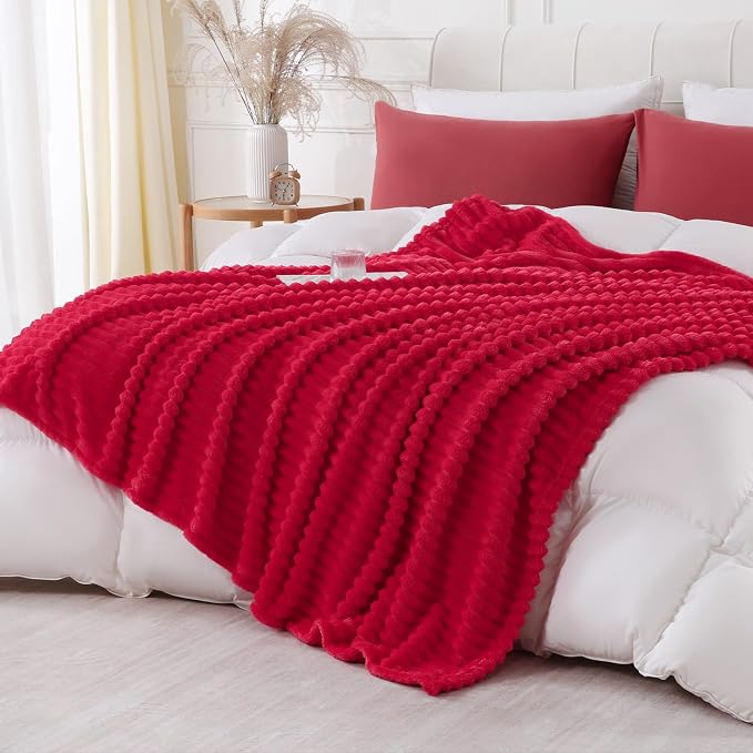 Cherry Red Throw Blanket for Couch Sofa 60x80 inches Striped Design | Fleece Blankets Room Home Decor Lightweight Plush Soft Cozy Gifts for Women Mom