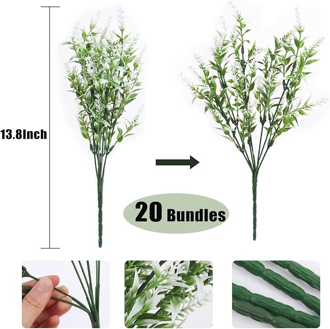 RECUTMS White Outdoor Artificial Flowers UV Resistant Fake Plants 20 Bundle | Faux Plastic Greenery Hanging Lavender Plants for Indoor Outside Garden Porch Window Box Home Wedding Farmhouse Patio Décor