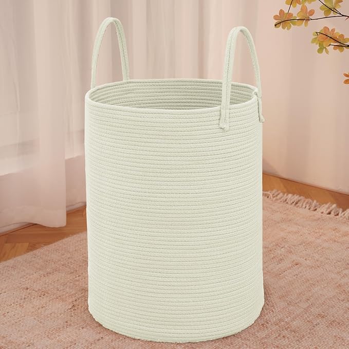JMvicyroam 100L Cotton Rope Laundry Basket Hamper, White | Collapsible laundry basket, reinforced handles, freestanding, machine washable, holds 3-5 thick blankets, clothes or toys