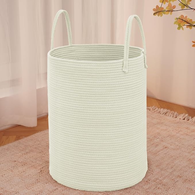 JMvicyroam 80L Cotton Rope Laundry Basket Hamper, White | Collapsible laundry basket, reinforced handles, freestanding, machine washable, holds 3-5 thick blankets, clothes or toys