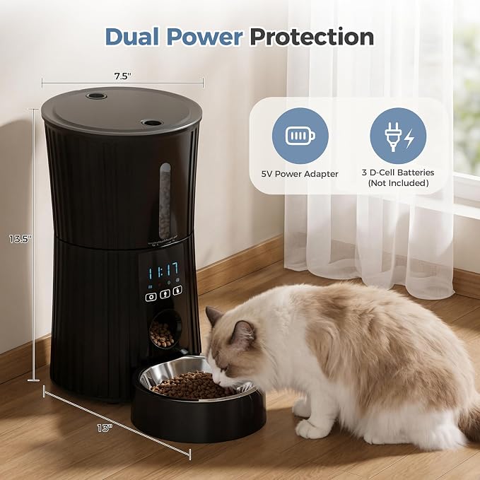Sweetcrispy Automatic Cat Feeder, 4L Cat Food Dispenser with APP, Black | 2.4G WiFi, Applicable for Dry Food, 16.9 Cups, 10 Meals/Day, 50 Portions/Meal, 10s Voice Recorder, Dual Power Supply