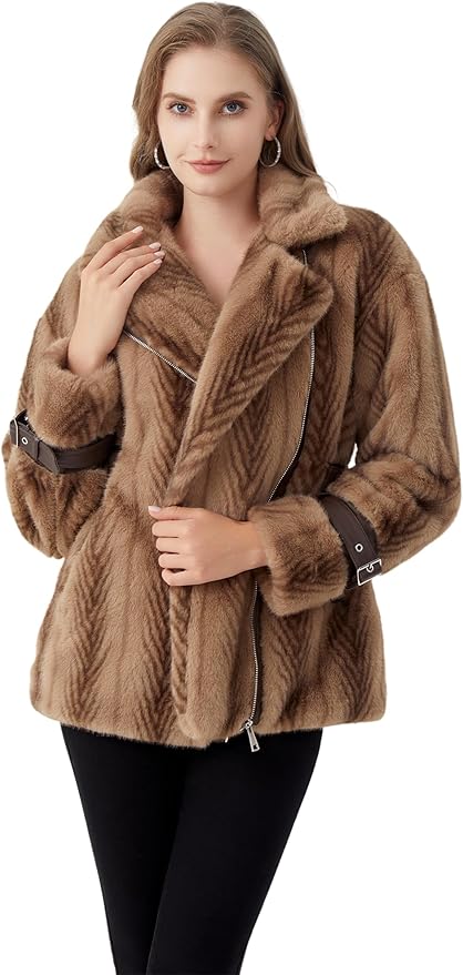 GRAN ORIENTE Womens Belted Winter Faux Fur Coats, Cropped Fuzzy Cuff Furry Zipper Up Warm Jackets Outwear