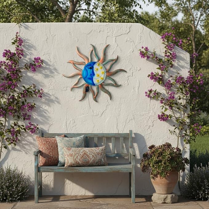VEWOSTAR 29" Large Metal Sun and Moon Wall Art | 3D Fence Wall Decor With with Solar Lights, Hanging Decoration for Patio Garden Yard,Gift Ideal for Mom