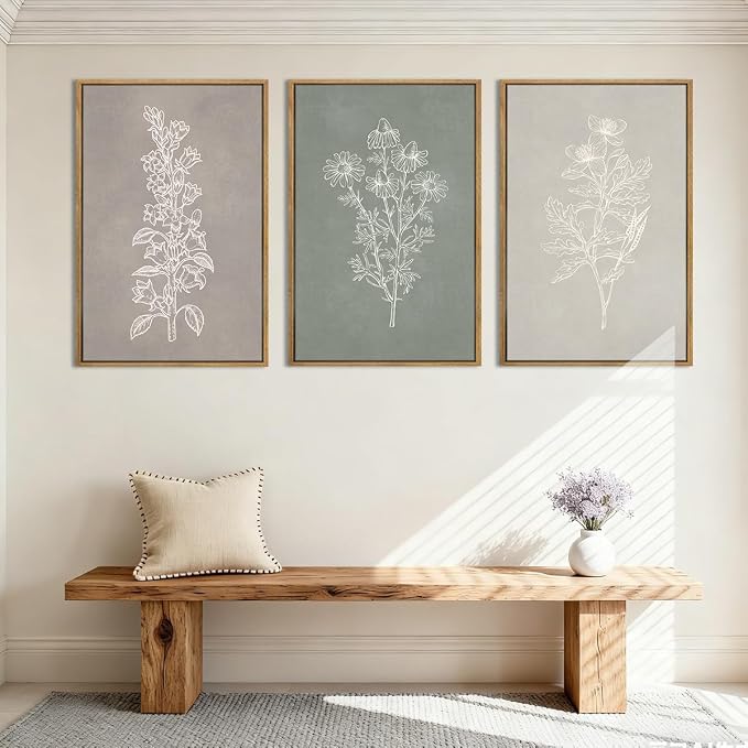 ANHUIB Neutral Botanical Wall Art, Rustic Farmhouse Floral Paintings,Vintage Minimalist Boho Flower Wall Decor 24x36 Inch Plants Set of 3 for Living Room Bedroom