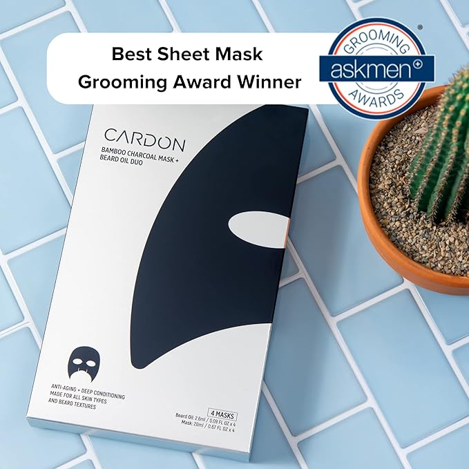 Cardon Charcoal Face Mask for Men with Beard Oil (4-Pack) | Ideal Stocking Stuffer for Men - Helps Detox, Hydrate, and Nourish with Anti-Aging Serum - Peel Off Mens Face Mask for Post Shave Soothing