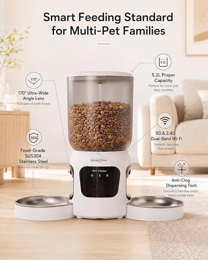 Automatic Cat Feeder with Dual Camera, 2MP with Night Vision | 2.4/5G WiFi Pet Food Dispenser, 5.2L/22 Cups, Scheduled Meals, 2-Way Audio, Dual Stainless Steel Bowl for Cat & Dog