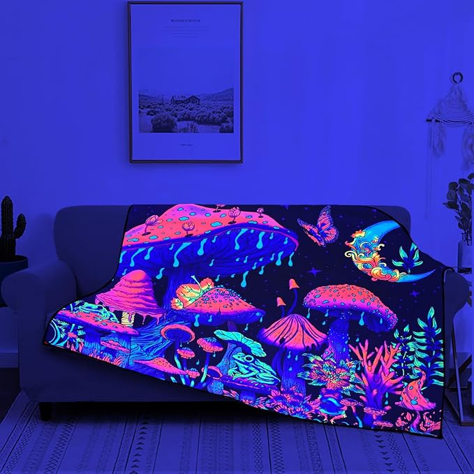 Blacklight Mushroom Throw Blankets Glow in the Dark Black Light Plant Throw Fantasy UV Reactive Mushroom Butterfly Moon Blanket Cute Throw for Bedroom Dorm Decor 59”x51”