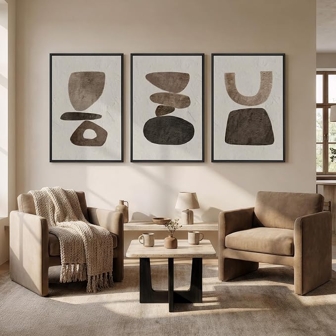 Large Framed Neutral Abstract Canvas Wall Art for Living Room, 3 Piece Wabi-Sabi Minimalist Modern Prints Paintings Artwork for Walls, Pictures Wall Decor for Bedroom, Office, Dining Room 24x36 In