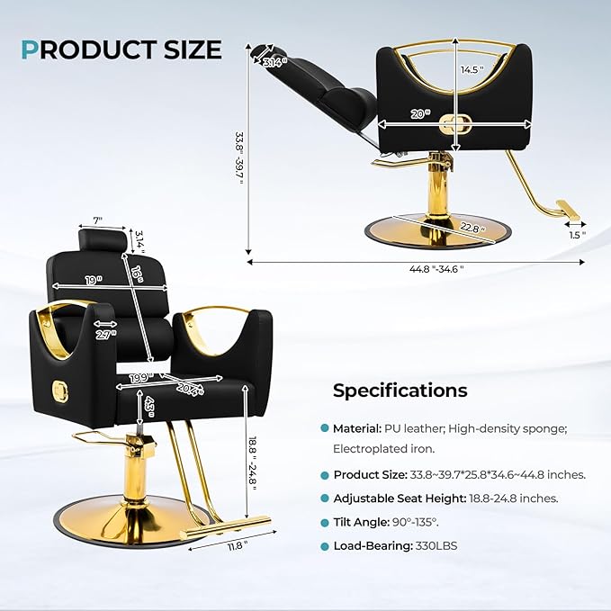 Salon Chairs for Hair Stylist Reclining Barber Chair for Barbershop 360 Swivel Hair Styling Chair with Heavy Duty Hydraulic Pump