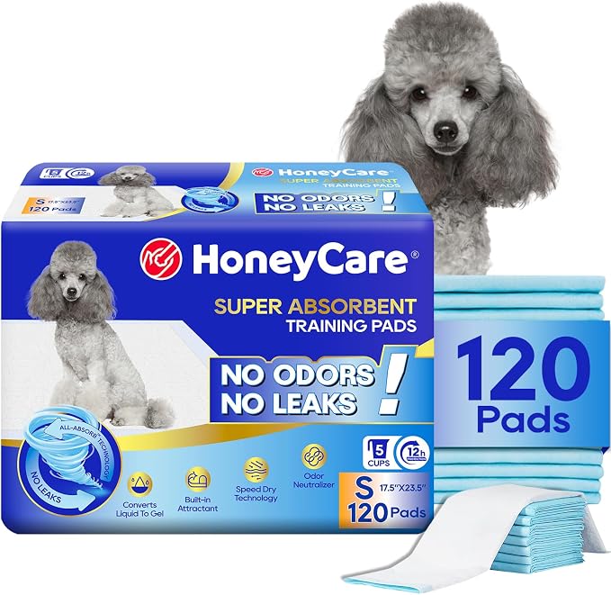 Honey Care All-Absorb, Small 17.5" x 23.5", 120 Count, Dog and Puppy Training Pads, Ultra Absorbent and Odor Eliminating, Leak-Proof 5-Layer Potty Training Pads with Quick-Dry Surface, Blue, A05