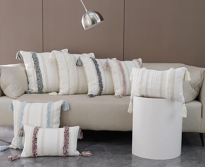 Boho Throw Pillow Covers Tufted Decorative Pillows Cover for Couch Bed Small Lumbar 12 x 20 inch Pillow Cover, Modern Accent Farmhouse Neutral Throw Pillow Case, Pink | Boho tufted lumbar pillow cover, blush pink accent for couch, bed and dorm decor