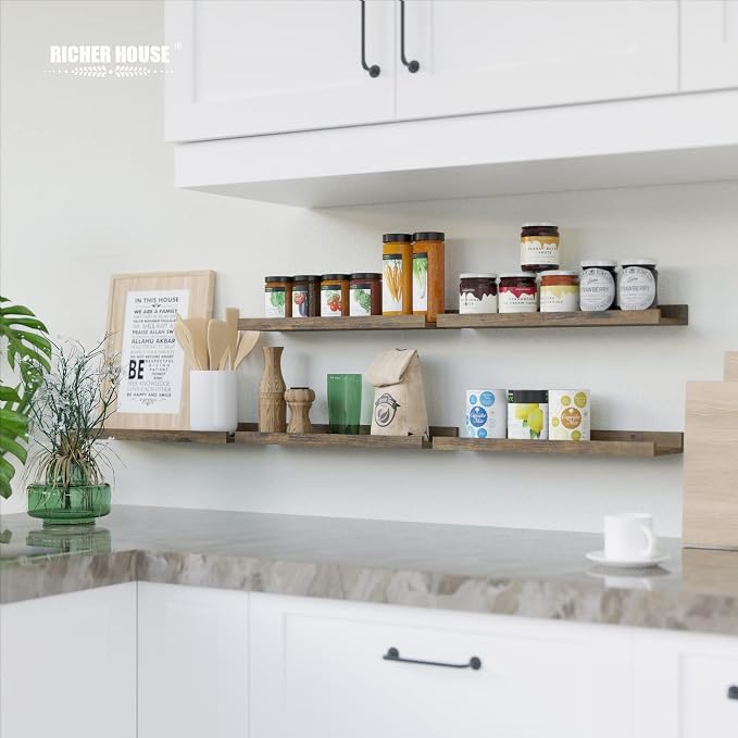 RICHER HOUSE 5-Set Floating Shelves with Lip, Brown Wall Mounted Wood Shelf | Display Picture Ledge Shelf, Anti-drop lip Shelf for Room Wall Decor, Bedroom Bathroom Storage Nursery Books, Easy Setup 16in
