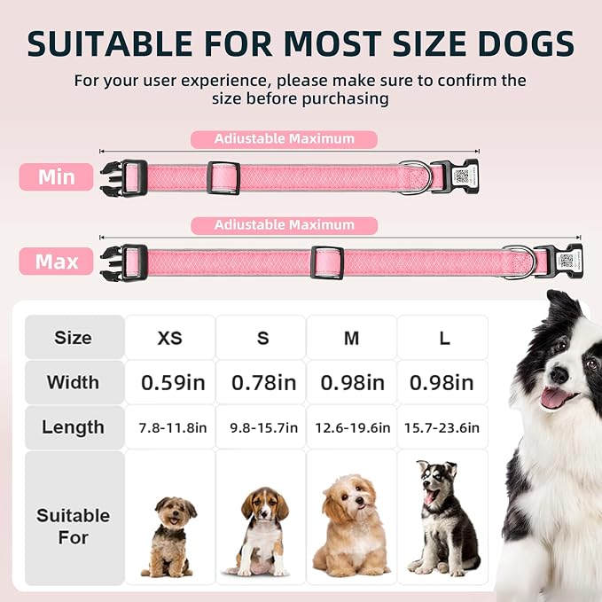 Reflective Dog Collar with QR Code Tag, Neon Pink L (15.7"-23.6")