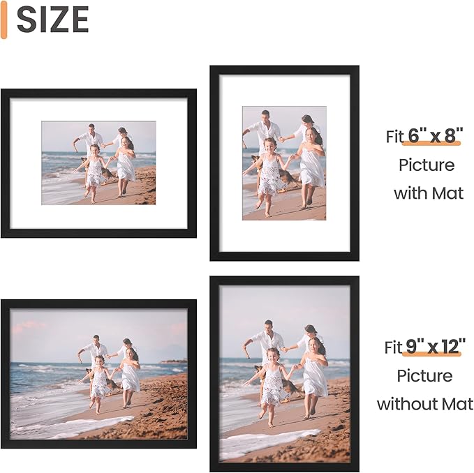upsimples 9x12 Picture Frame, Gallery Wall Frames Set of 5, Black | Photo Frame Collage Wall Decor, 6x8 Picture Frame with Mat for Family, Baby, Hallway, Christmas