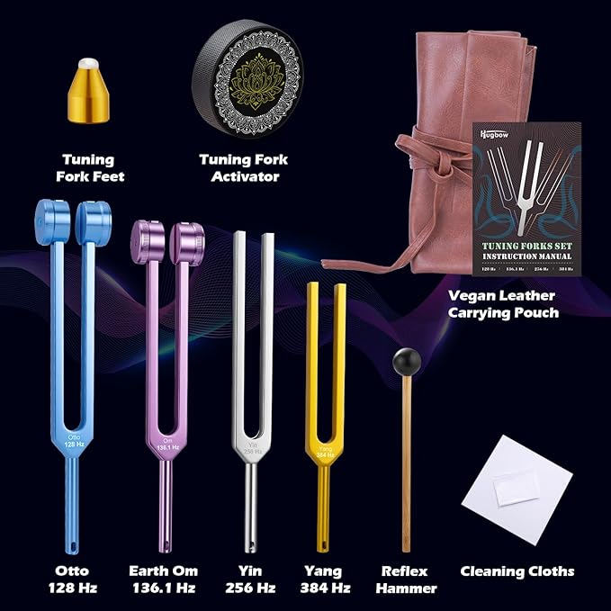 Tuning Forks for Healing, 4 PCS Aluminum Alloy Tuning Fork 128Hz, 136.1Hz, 256Hz, 384Hz, Hockey Puck Activator & Feet, Chain, Weighted & Unweighted Tuning Fork Set with Vegan Leather Pouch
