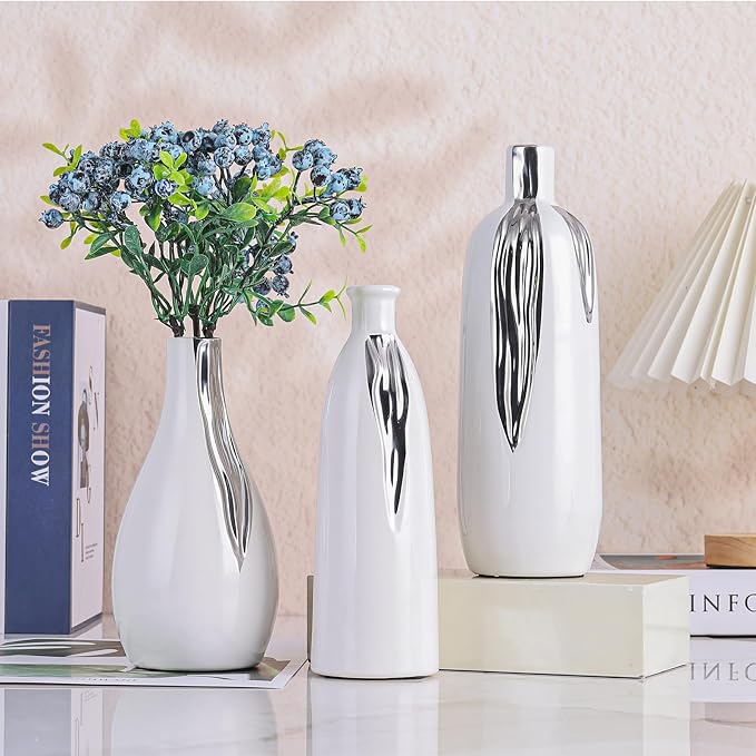White and Silver Vase Set of 3, Modern Ceramic Decorative Vases for Living Room, Bedroom, Art Decor, Mantle, Home Event Decor, Office Decorative, Weddings, Rustic & Farmhouse (White Silver)