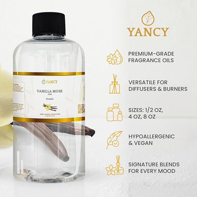 YANCY Vanilla Musk Home Collection Fragrance Oil (1/2 oz), Luxurious Vanilla and Musk Scent, Warm Fragrance for Diffusers, Oil Burners & Aroma Lamps, Cozy Scent for Relaxing Home Spaces