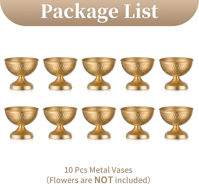 Sziqiqi Gold Urn Vase for Flowers, Wedding Table Compote Vase, 5.9in, 10Pcs | Hammered Vintage Urn Vase, Wedding Table Decoration Centrepieces Set, For Artificial Flowers,Party, Home Decor, Anniversary