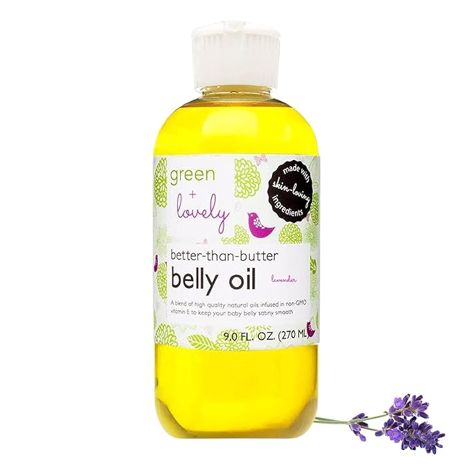 Green + Lovely Better than Butter Belly Oil Pregnancy Stretch Mark Prevention, Stretch Mark Cream, Pregnancy Must Haves, Pregnancy Essential, Enhanced Vitamin E Skin Elasticity, 9 Fl Oz Lavender