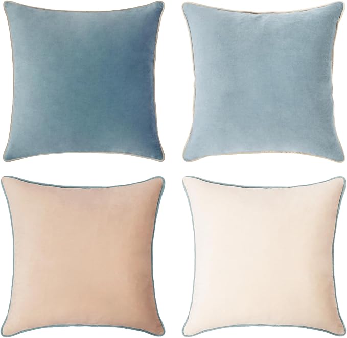 MONDAY MOOSE Decorative Throw Pillow Covers Cushion Cases, Set of 4 Soft Velvet Modern Double-Sided Designs, Mix and Match for Home Decor, Pillow Inserts Not Included (22x22 inch, Beige/Light Blue)