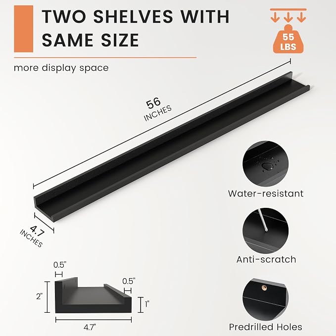 Picture Ledge Shelf, Long Floating Shelves for Wall, 56" W Set of 2, Black | FSC Certified Engineered Wood, Wall Mounted Bookshelf, for Nursery Living Room Bedroom, Easy Install