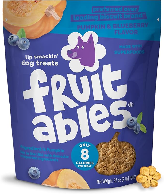 Fruitables Baked Dog Treats, Healthy Pumpkin Treat for Dogs, Low Calorie & Delicious, Made Without Wheat, Corn and Soy, Made in the USA, Allergy Friendly, Pumpkin and Blueberry Flavor, 32 oz