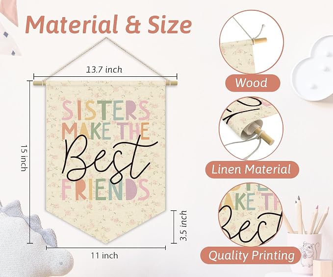 Wildflower Nursery Decor,Sisters Make The Best Friends Cute Girls Room Wall Hanging Pennant Flag Banner,Pink Toddler Girl Room Nursery Bedroom Playroom 15x11 Inch