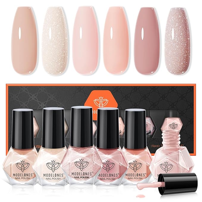 modelones Nude Nail Polish Set, Valentines 6 Colors Bubble Bath Quick Dry Skin Tone Glitter Summer Nail Polish Kit Fingernail Polish Nail Art Salon Home Gifts For Women Girl