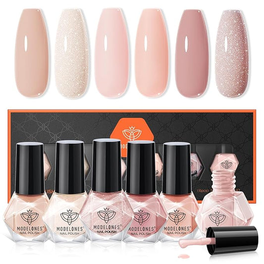 modelones Nude Nail Polish Set, Valentines 6 Colors Bubble Bath Quick Dry Skin Tone Glitter Summer Nail Polish Kit Fingernail Polish Nail Art Salon Home Gifts For Women Girl