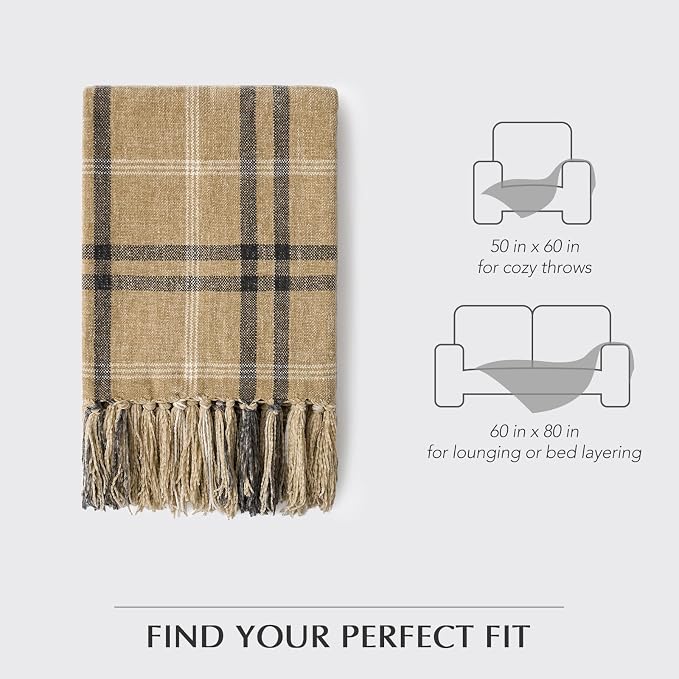 Plaid Chenille Knit Throw Blanket for Couch, 50"x60", Khaki Grey | Super Soft Knitted Throw with Tassels, Cozy, Decorative Farmhouse Plaid, Lightweight, Ideal for Bed Sofa Gift Home Decor