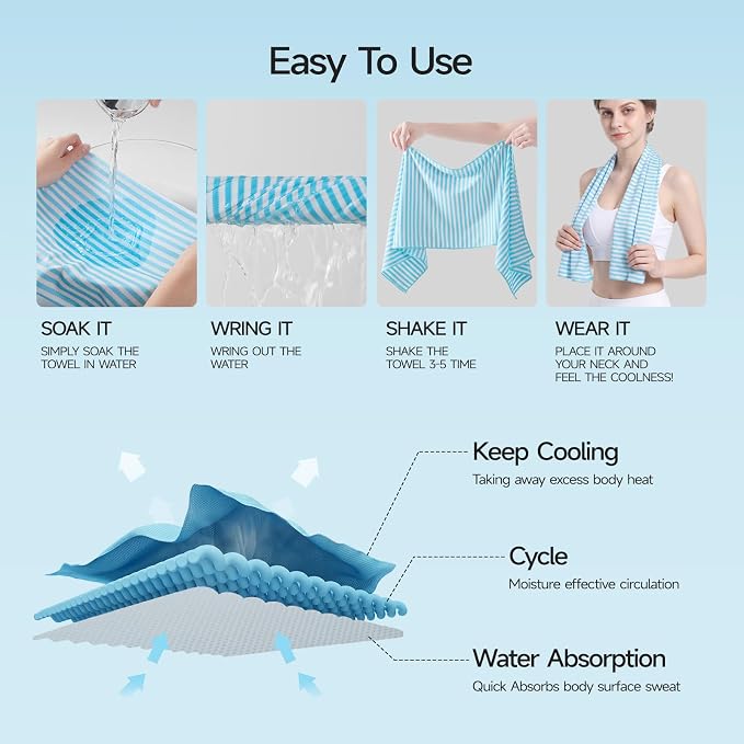 RDEKISS 4 Pack Cooling Towels for Hot Weather (40"x12"), Ice Cool Neck Towel, Soft Breathable Microfiber for Gym, Sport, Running, Yoga, Workout - Blue