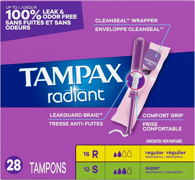 Tampax Radiant Tampons Multipack with Leakguard Braid, Regular/Super Absorbency, with Leakguard Braid, Unscented, 28 Count (Pack of 2)