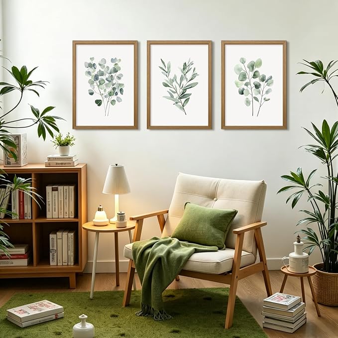 Botanical Wall Art Sage Green Canvas Wall Decor Eucalyptus Art Watercolor Plant Pictures Green Botanical Prints Minimalist Leaf Painting Set of 3 for Bathroom Living Room 16x24 Inch Wood Framed