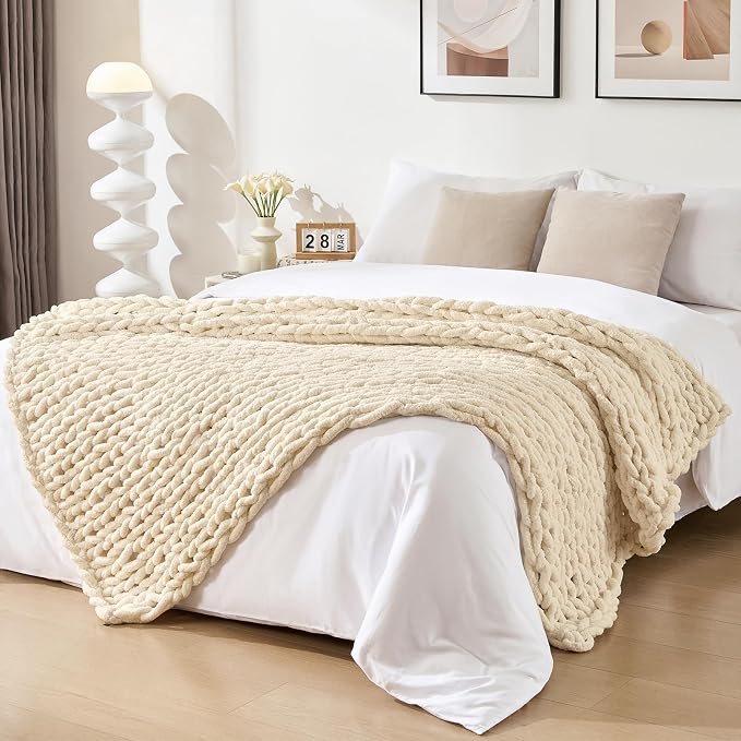 Bigacogo Chunky Knit Throw Blanket for Couch, 51x63 inches, Beige | Hand Knit with Jumbo Chenille, Soft Breathable Cable Knit for Sofa Bed Living Room, Machine Washable, Gift for Mom Friend