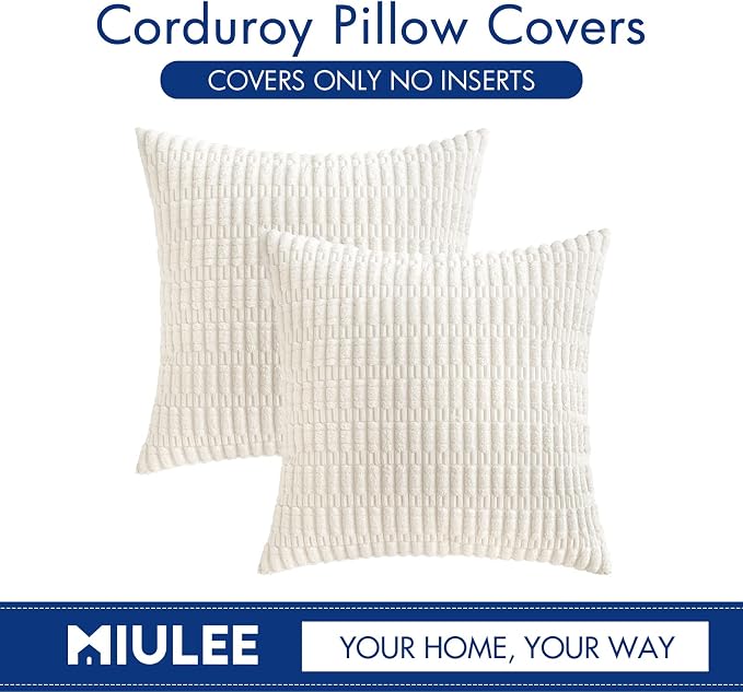 MIULEE Corduroy Decorative Throw Pillow Covers 18x18 Pure White Pack of 2 | Soft Boho Striped Pillow Covers Modern Farmhouse Home Decor For Sofa Living Room Couch Bed