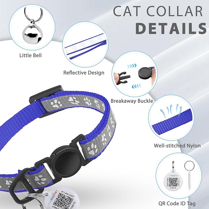 Breakaway Reflective Cat Collar with QR Name Tag & Bell (Navy Blue)
