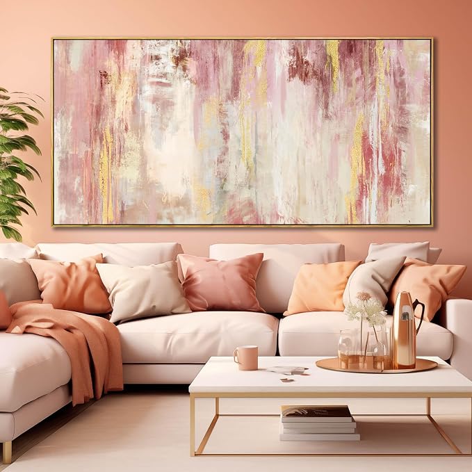 SOUGUAN Pink and Gold Pictures Canvas Wall Art for Bedroom Abstract Hand Paintings Home Decor for Bedroom Kitchen Office Wall Decorations Ready to Hang 30 x 60 Inch