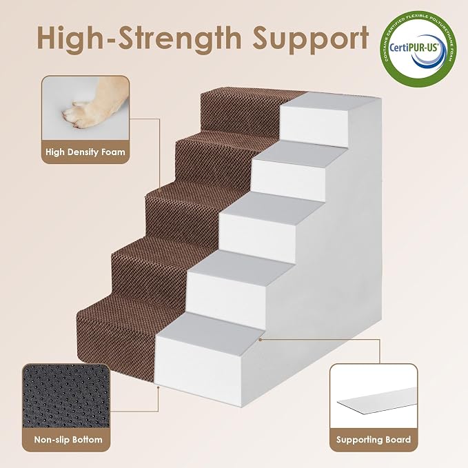 EHEYCIGA Dog Stairs for High Bed 25" H, Extra Wide Dog 5-Step, Brown | Pet Steps for Small Dogs and Cats for Bed, Non-Slip Balanced Pet Ramp Indoor