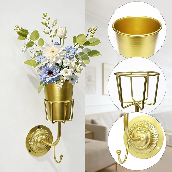 Vintage Brass Wall Vase - Hanging Home Decor & Multifunctional Wall-Mounted Organizer Container for Flowers,Keys & Small Items,Kitchen Bathroom Bedroom Organization & Decor