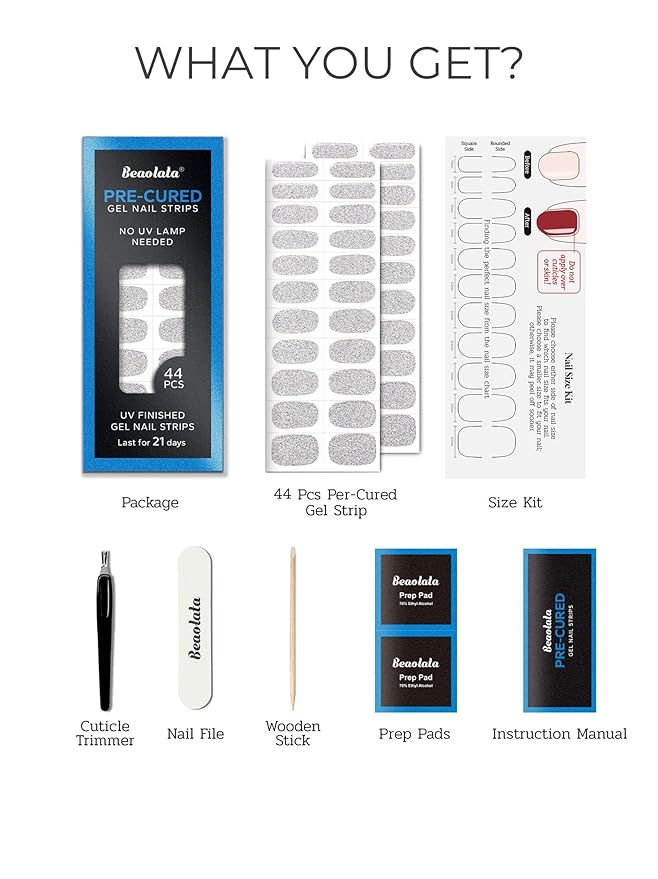 Real Gel Nail Strips (No UV Light Needed) - 44Pcs Salon Quality Nail Stickers - Long Lasting Polish Wraps for Women, Easy Apply & Remove (Ethereal Silver)