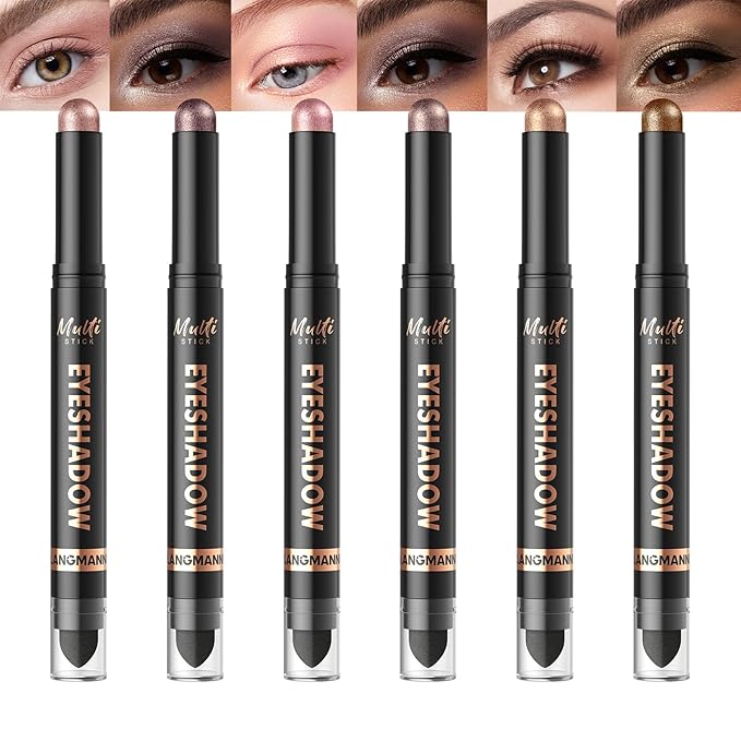 LANGMANNI 6Colors Dual-Ended Cream Eyeshadow Stick Set – Silky Smooth, Waterproof & Transfer-Proof, Built-in Blender Brush, All-Day Matte & Shimmer Wear Eye Makeup(#2+4+6+8+10+12)