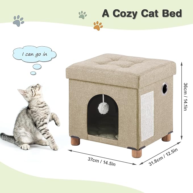 BRIAN & DANY Cat Beds for Indoor Cats,Cat Cave House for Kitten with Scratch Board & Ball, 14.7" x 14.1” x 12.7”, Light Khaki